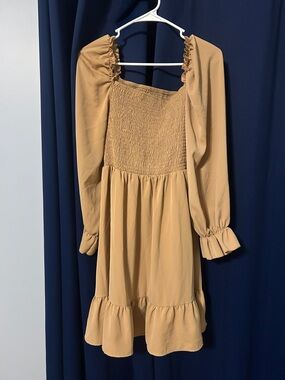 Smocked Square Neck Long Sleeve Mini Dress - Camel